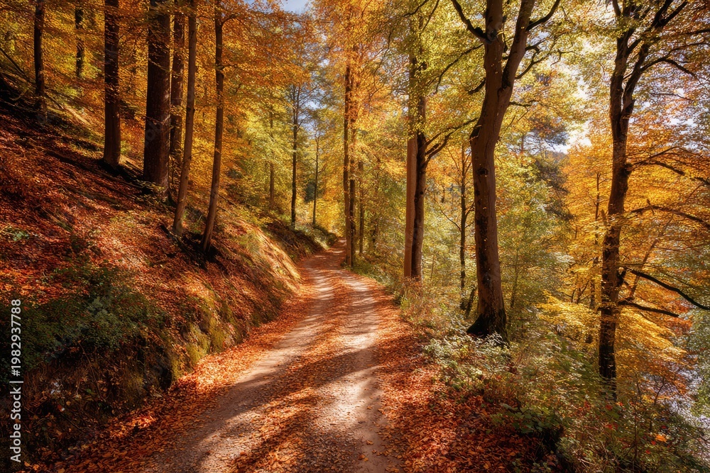 Fototapeta premium Forest trail blanketed in vibrant autumn leaves. Sunlight filters through the trees