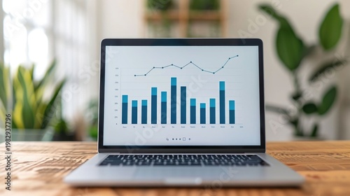 A modern laptop sits on a rustic wooden desk its screen showcasing a detailed business analytics report with upward trending bar and line graphs indicating positive growth and financial success