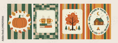 Coffee break and autumn tree, rustic harvest season nature graphics, hand drawn hygge lifestyle vector, minimalist October morning design elements, warm autumn foliage and drink art, cottagecore aesth