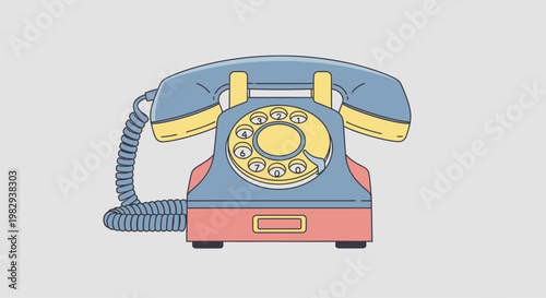 Retro Rotary Dial Telephone, Vintage Communication Device, Classic Blue and Yellow Design