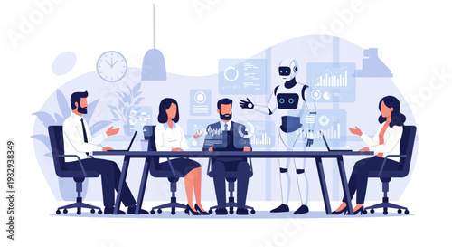 Robot Presenting Data To Business People In Modern Office Meeting
