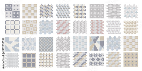 Set of tile patterns for street pavements, brick, architectural elements. Top view. Collection of pavement textures. Paving stone pattern for plan, garden, game, map, landscape design. Rock stones