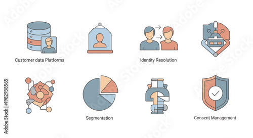 Set of 8 Business Icons: Customer Care, Identity, Segmentation, Security, Data, Network