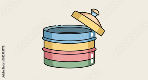 Stackable food containers with colorful layers and open lid, kitchenware, food storage concept