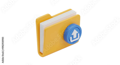 Vector illustration of 3d render of a yellow folder icon with an upload symbol on a transparent background