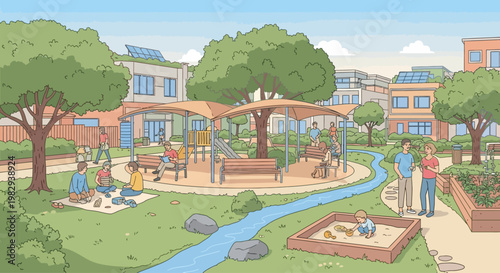 Sustainable community playground with families enjoying nature and modern eco-friendly buildings