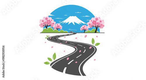 Winding road through cherry blossoms towards a snow-capped mountain