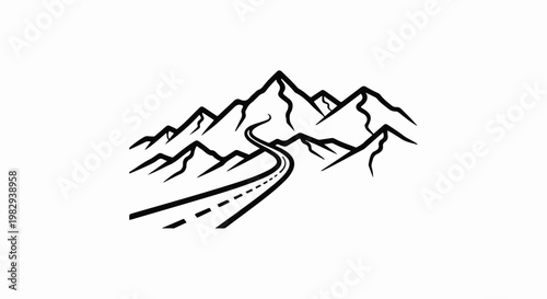 Winding road through jagged mountains in a minimalist black and white graphic