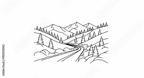 Winding road through mountainous landscape with trees, hand-drawn style