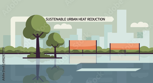 Sustainable Urban Heat Reduction: Green Cityscape with Trees and Water Reflection