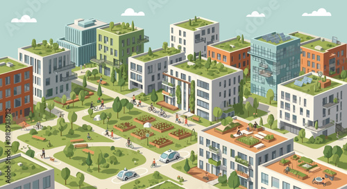 Sustainable urban living: Eco-friendly city with green buildings, rooftop gardens, and community farming.