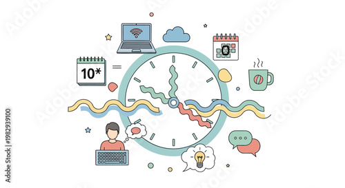 Time Management Concept: Clock, Laptop, Calendar, Idea Bulb, Coffee, Person Working