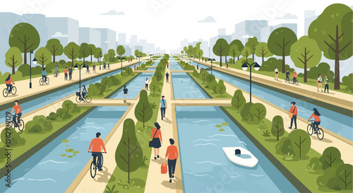 Urban canal park with people cycling, walking, and enjoying green spaces