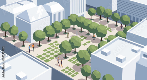 Urban green space with trees and people walking in a city park, isometric view