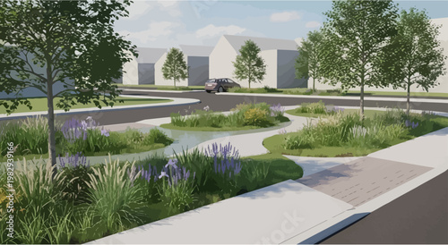 Urban green space with water feature, native plants, and walking path