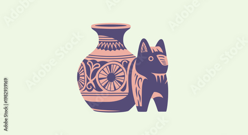 Vintage Ceramic Vase and Folk Art Dog Figurine, Retro Decorative Objects