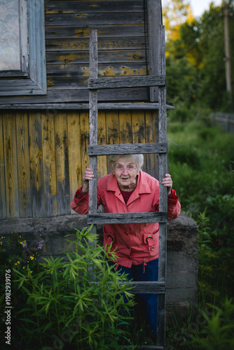 Elderly woman standing behind a wooden ladder near a rustic house, surrounded by garden plants, rural countryside setting.