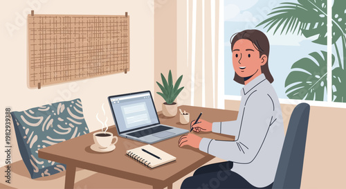 Young woman working on laptop at home office desk with coffee and plants