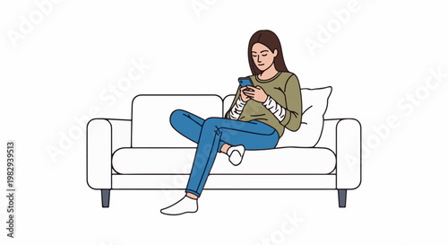 Woman casually using her mobile phone while relaxing on a white sofa