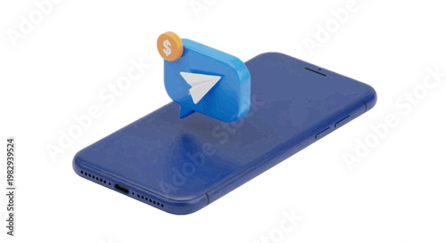Vector illustration of 3d illustration of a smartphone with a telegram message icon and dollar coin on a transparent background