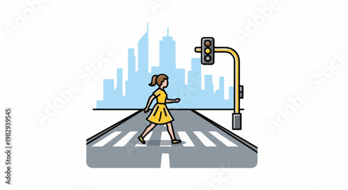 Woman crosses street at crosswalk with traffic signal in front of cityscape