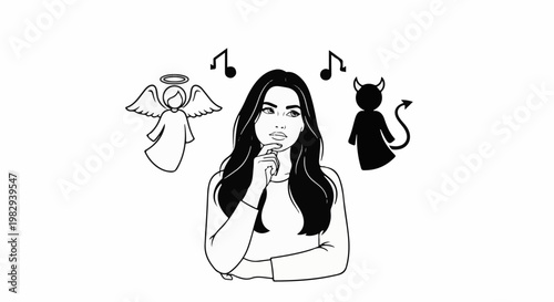 Woman contemplating between angel and devil figures with music notes
