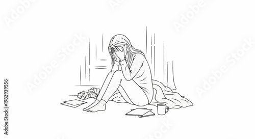 Woman crying, hunched over, with crumpled papers and a mug