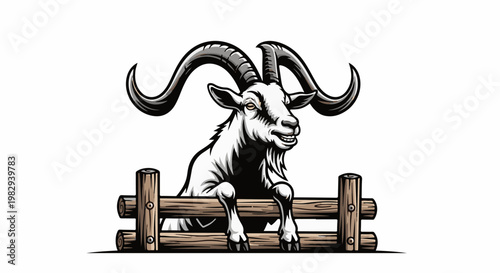 White goat with large curved horns peeks over a wooden fence