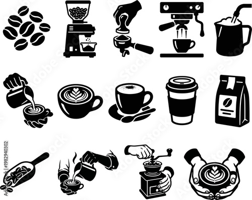 Barista coffee making process icon set. Black and white vector illustrations