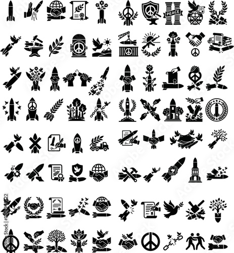 Peace and disarmament vector icon collection. Anti-war symbols featuring doves, broken weapons