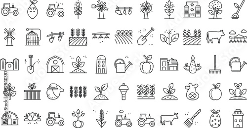 Agriculture and farming line icons set with tractors crops animals and rural tools isolated on transparent background vector illustration collection