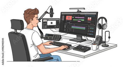 Young man editing video content on a computer in a modern home studio setup.