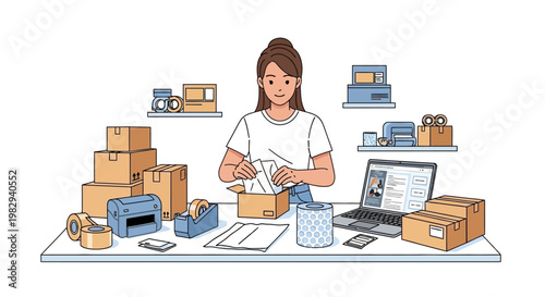 Young woman preparing and packing products for online shipping at home workspace.