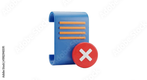 Vector illustration of 3d icon of a blue document file with a red circle and white cross symbol on a transparent background