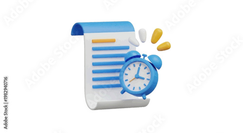 Vector illustration of 3d render of a document or checklist with an alarm clock icon on a transparent background