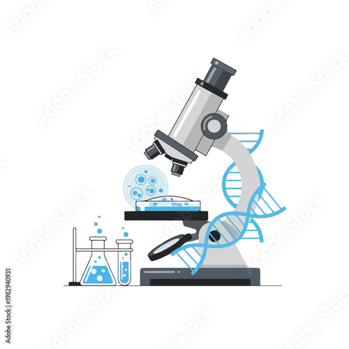 Microscope with DNA Strand and Lab Equipment