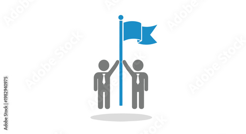 Two minimalist grey business figures raise their arms together to hold a vibrant blue flag pole in a clean, bright, and professional corporate environment.