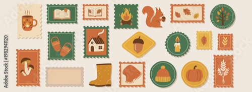 autumn forest postage stamps set icons, minimalist fall cabin and squirrel illustration, aesthetic seasonal camping adventure labels, modern wood fire and nature art, professional travel and hiking st