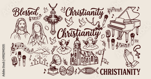 christianity faith and church hand drawn illustration, vintage doodle religious symbols set, minimalist line art spiritual background, aesthetic christianity typography design, professional biblical g