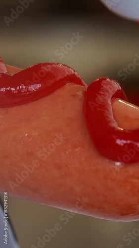 Close up of hot boiled sausage on fork is drizzled with tomato ketchup. Food. Meat. Vertical shot