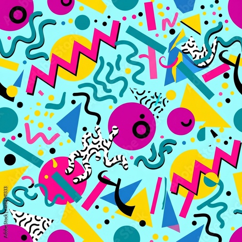Abstract seamless Memphis style pattern with bright colorful geometric shapes