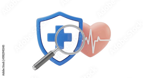 Vector illustration of 3d medical insurance concept with shield, heart, and magnifying glass on a transparent background