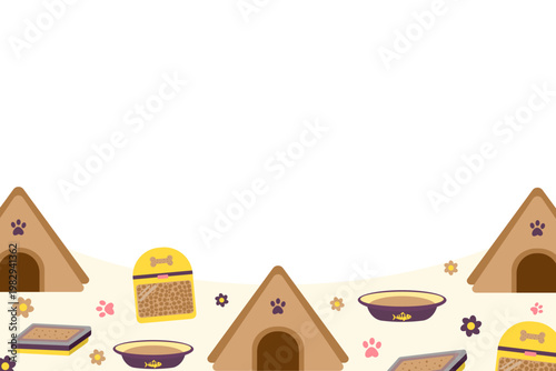Pet litter box and home supplies bottom border with copy space. Flat design vector illustration for feline care products and animal shelter announcements