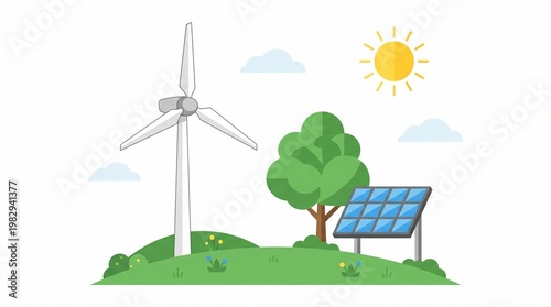 Flat vector environmental illustration with wind turbine, solar panel and green tree
