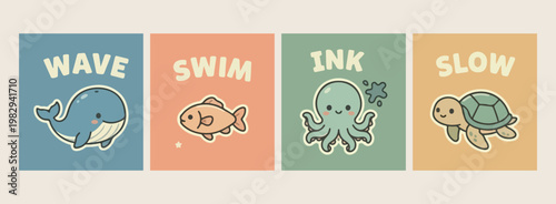 fish and octopus aquatic animals with swim and ink text, minimalist flat vector marine life design, aesthetic orange and green ocean art, modern hand drawn doodle sea creatures, professional graphic d