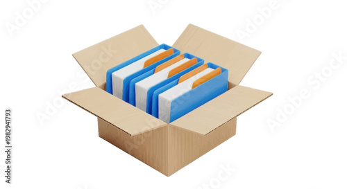 Vector illustration of cardboard box filled with blue file folders containing documents on a transparent background