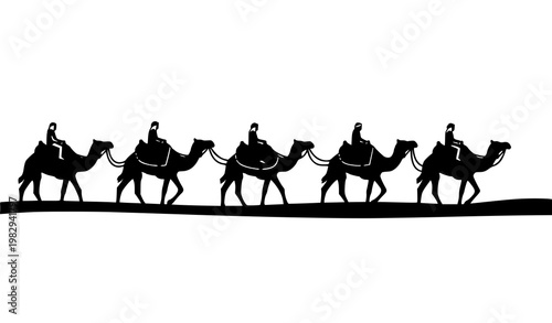 Camel riders silhouette vector desert caravan people travel isolated on white