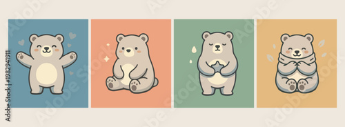 cute bear and grizzly illustration with sitting and standing poses, minimalist flat vector wildlife design, aesthetic orange and green animal art, modern hand drawn doodle bear set, professional graph