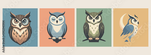 wise owl bird character set with sleeping and alert poses, minimalist flat vector avian design, aesthetic nocturnal animal illustration, modern hand drawn doodle bird art, professional graphic design 
