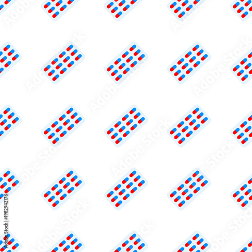 Seamless pattern of medical pill blister packs with red and blue capsules